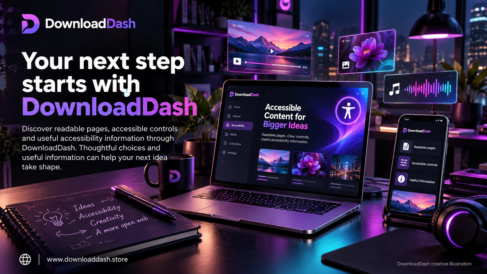 DownloadDash Accessibility Statement campaign illustration: Your next step starts with DownloadDash