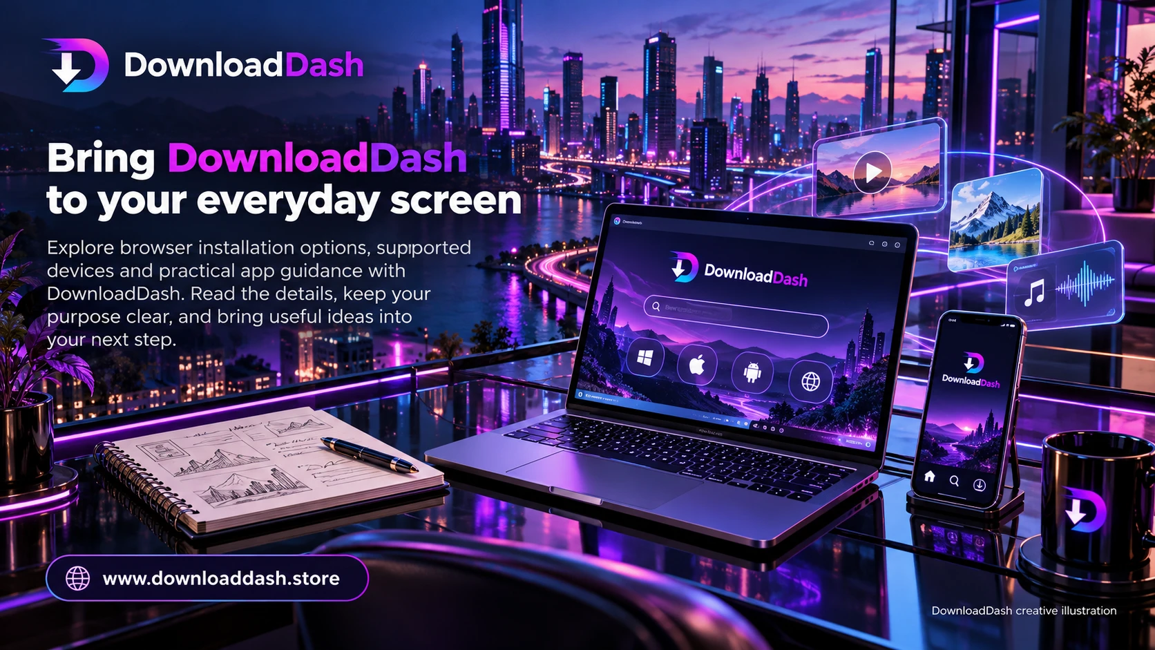DownloadDash App Download campaign illustration: Bring DownloadDash to your everyday screen