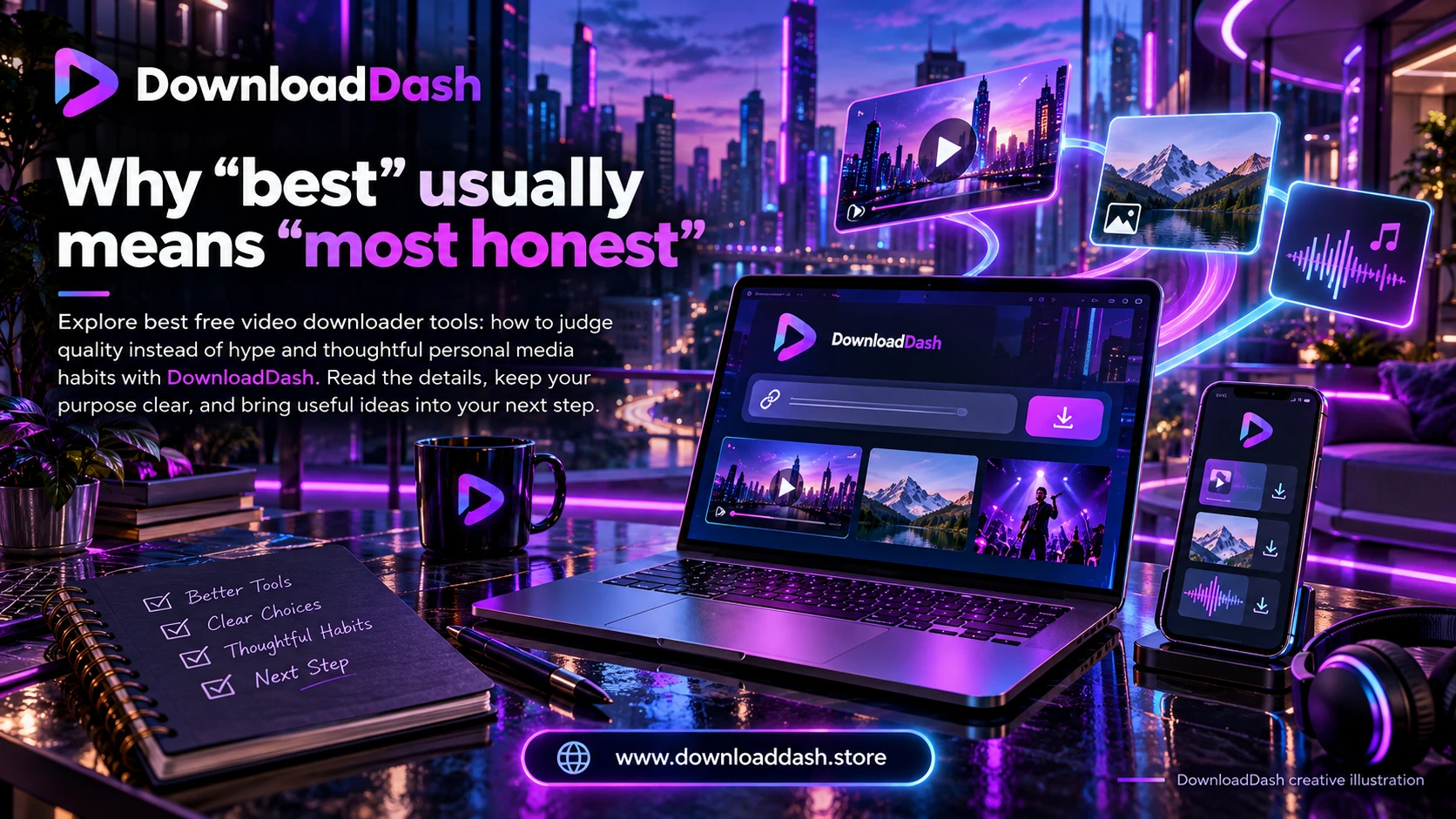 DownloadDash Blog Best Free Video Downloader Tools campaign illustration: Why “best” usually means “most honest”