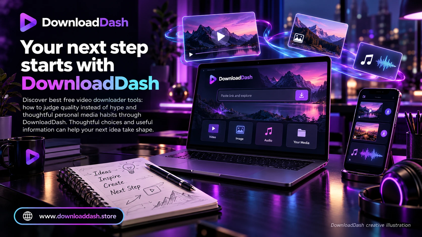 DownloadDash Blog Best Free Video Downloader Tools campaign illustration: Your next step starts with DownloadDash