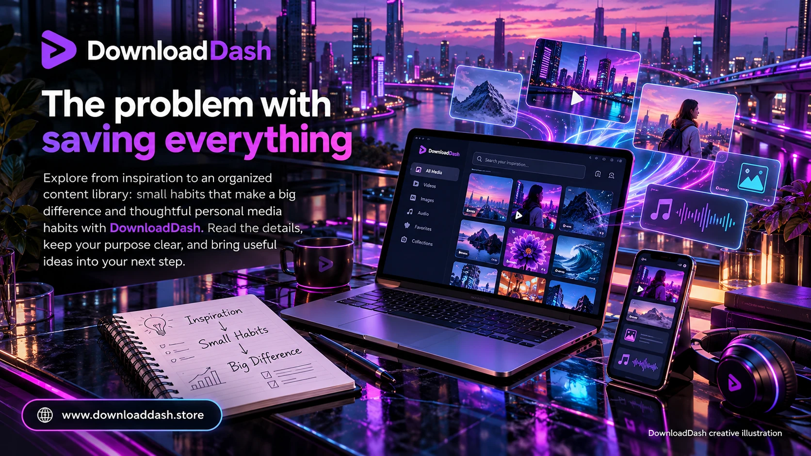 DownloadDash Blog Content Research Habits2026 campaign illustration: The problem with saving everything