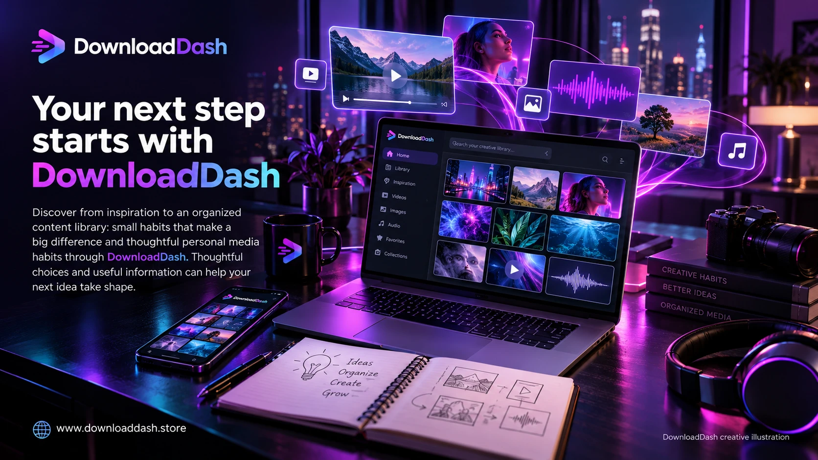 DownloadDash Blog Content Research Habits2026 campaign illustration: Your next step starts with DownloadDash