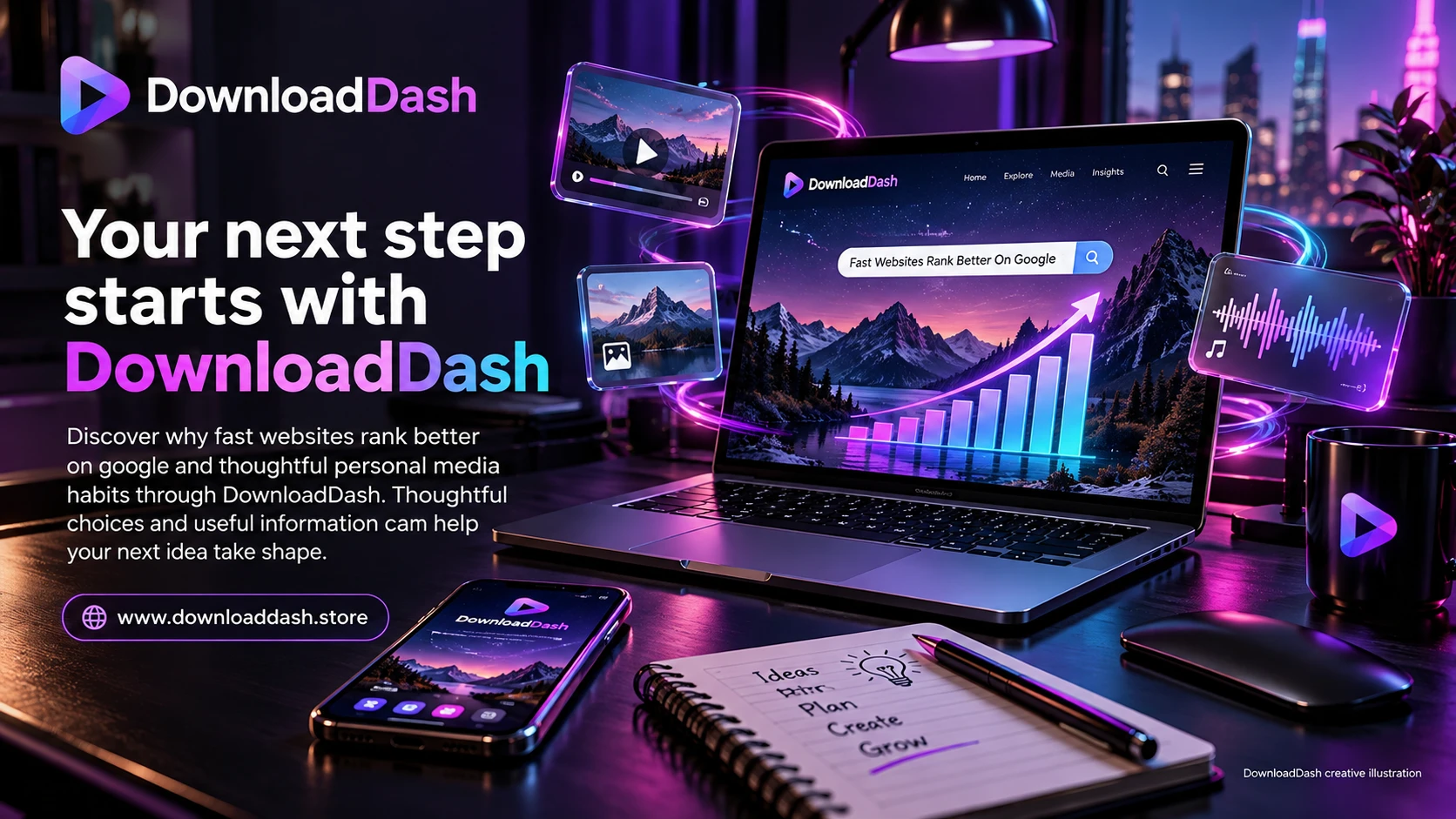 DownloadDash Blog Fast Websites Rank Better campaign illustration: Your next step starts with DownloadDash