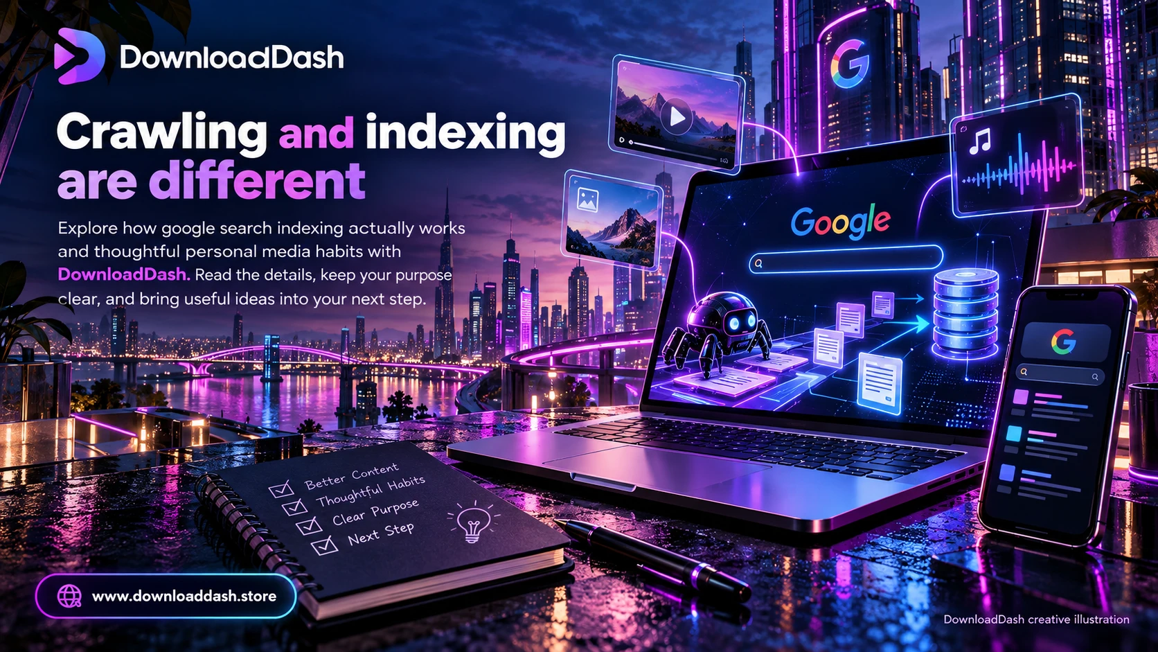 DownloadDash Blog Google Search Indexing Works campaign illustration: Crawling and indexing are different