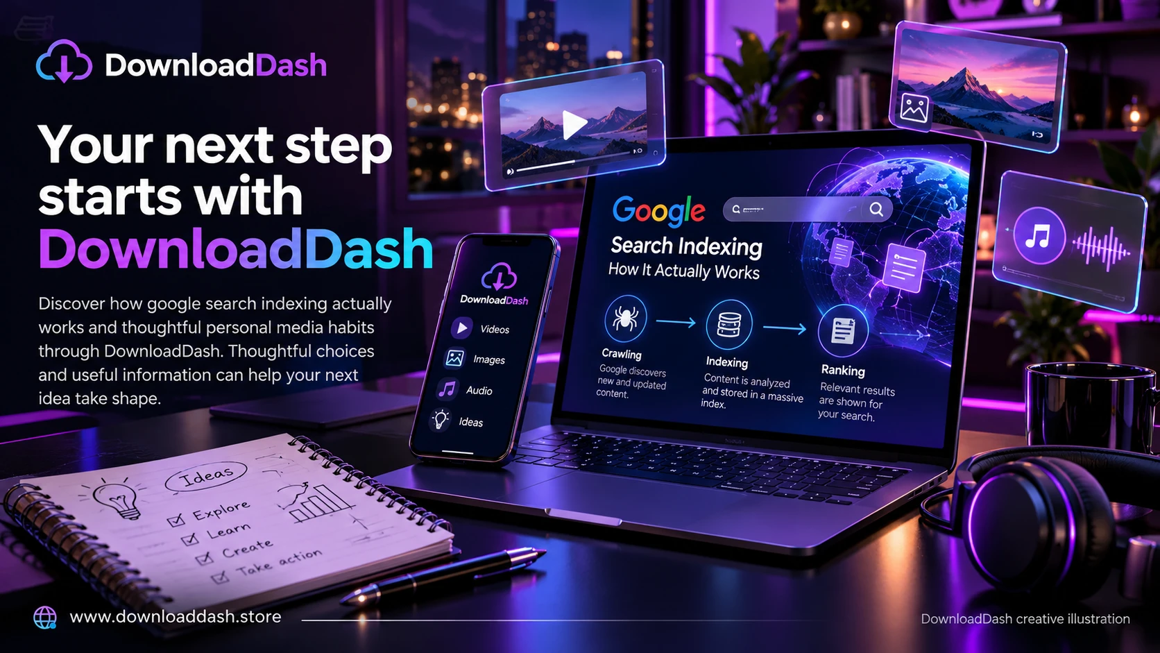 DownloadDash Blog Google Search Indexing Works campaign illustration: Your next step starts with DownloadDash