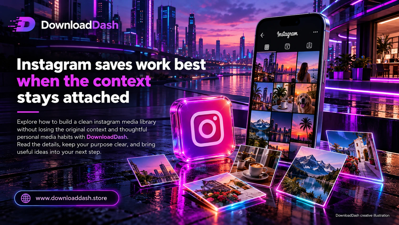 DownloadDash Blog Instagram Content Library2026 campaign illustration: Instagram saves work best when the context stays attached