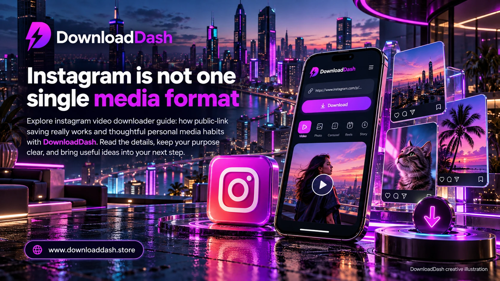 DownloadDash Blog Instagram Downloader Guide campaign illustration: Instagram is not one single media format