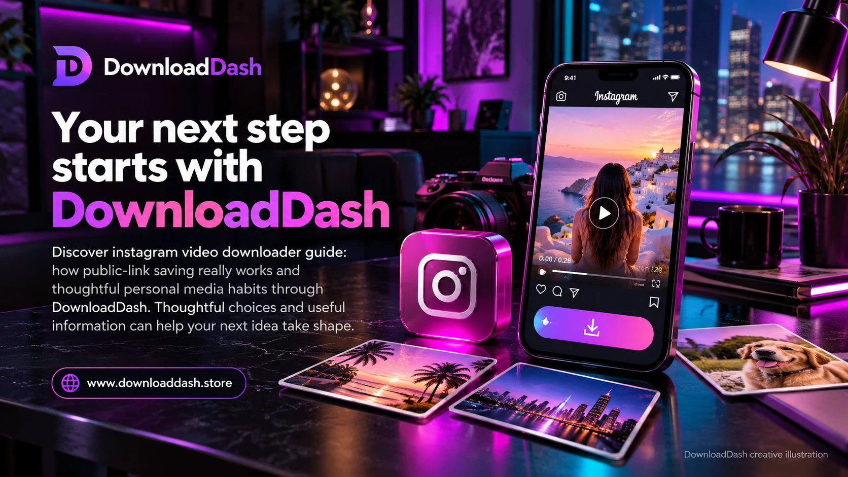 DownloadDash Blog Instagram Downloader Guide campaign illustration: Your next step starts with DownloadDash
