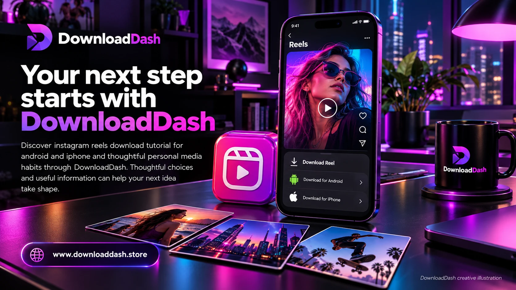 DownloadDash Blog Instagram Reels Download Tutorial campaign illustration: Your next step starts with DownloadDash