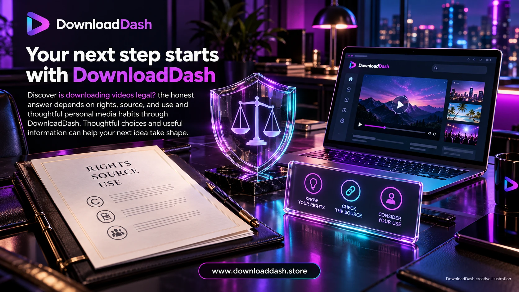 DownloadDash Blog Is Downloading Videos Legal campaign illustration: Your next step starts with DownloadDash