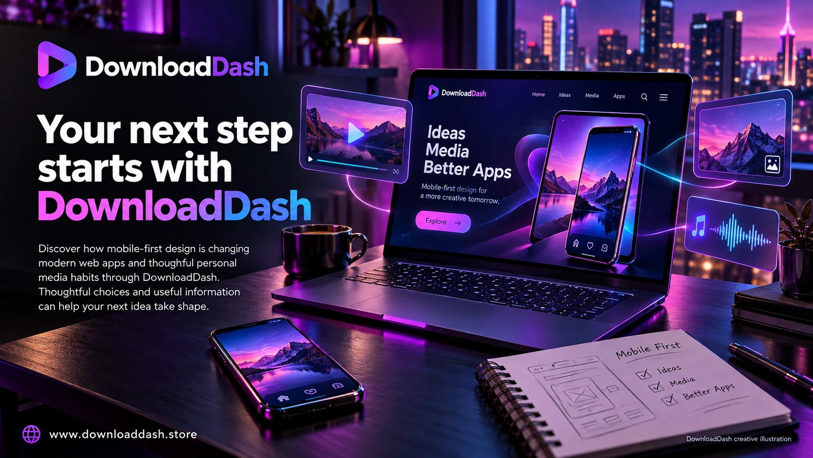 DownloadDash Blog Mobile First Modern Web Apps campaign illustration: Your next step starts with DownloadDash