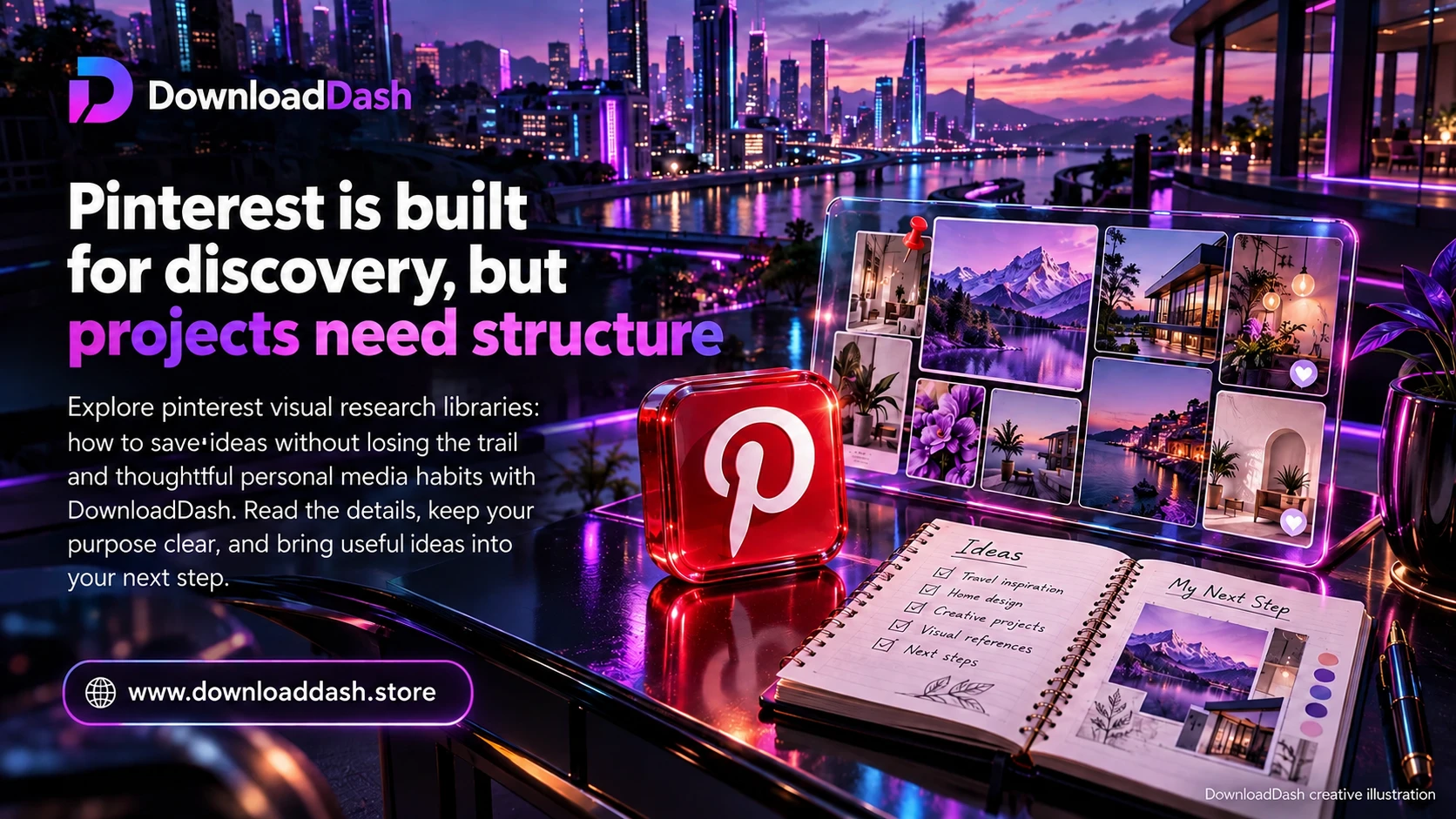 DownloadDash Blog Pinterest Visual Research Library campaign illustration: Pinterest is built for discovery, but projects need structure