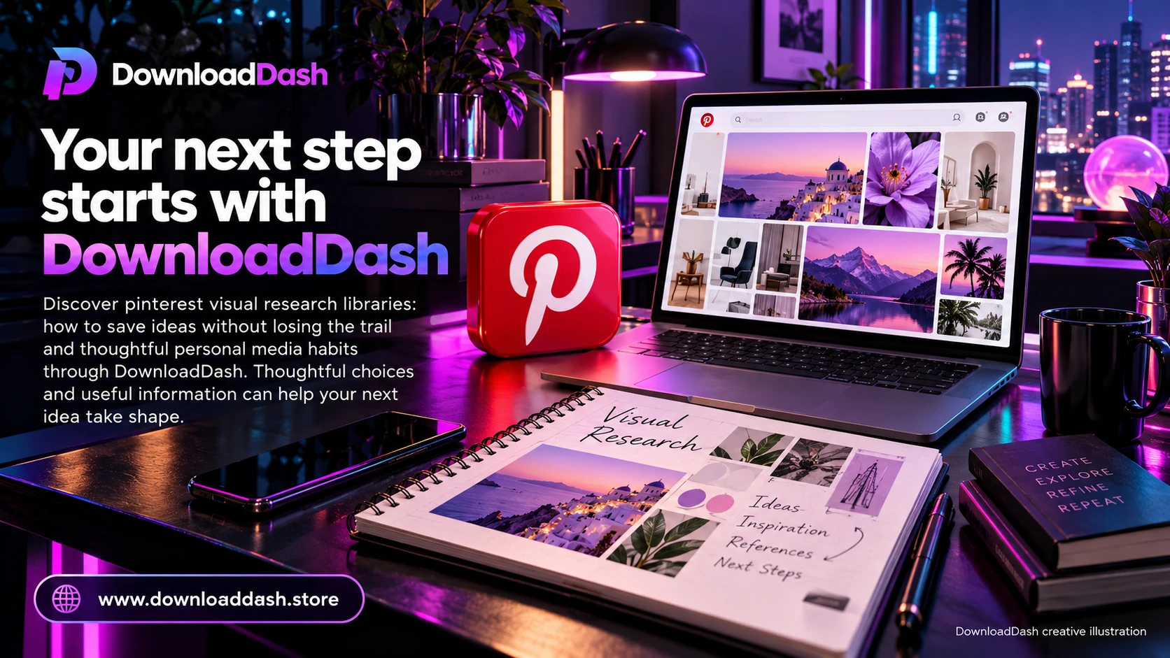 DownloadDash Blog Pinterest Visual Research Library campaign illustration: Your next step starts with DownloadDash