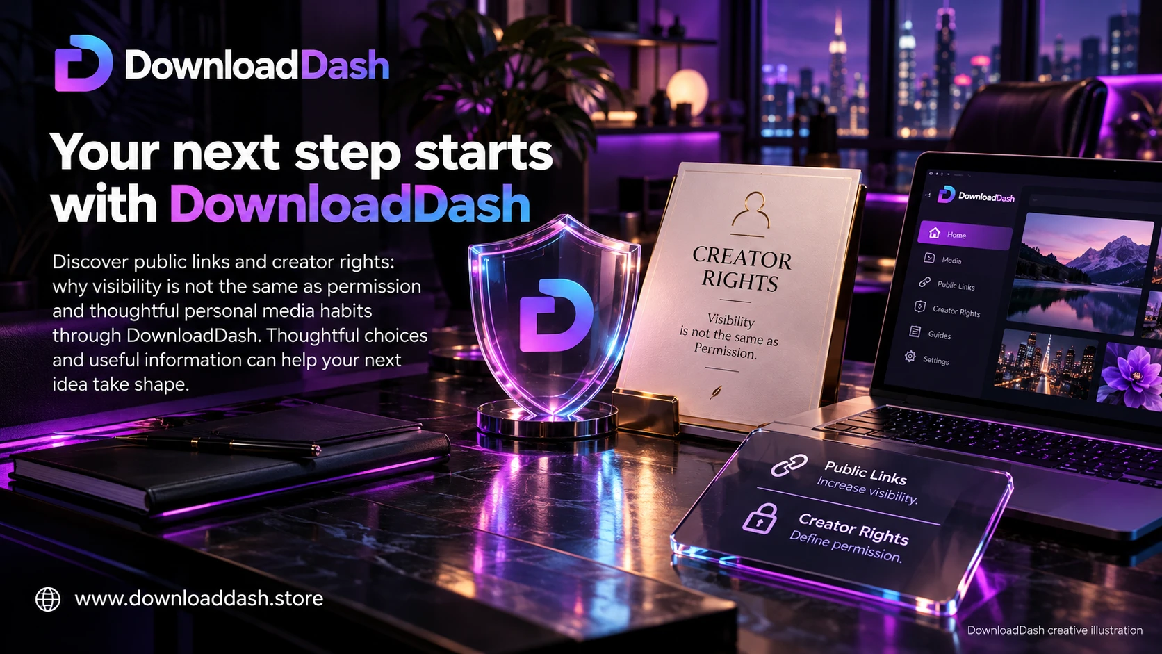 DownloadDash Blog Public Links And Creator Rights campaign illustration: Your next step starts with DownloadDash