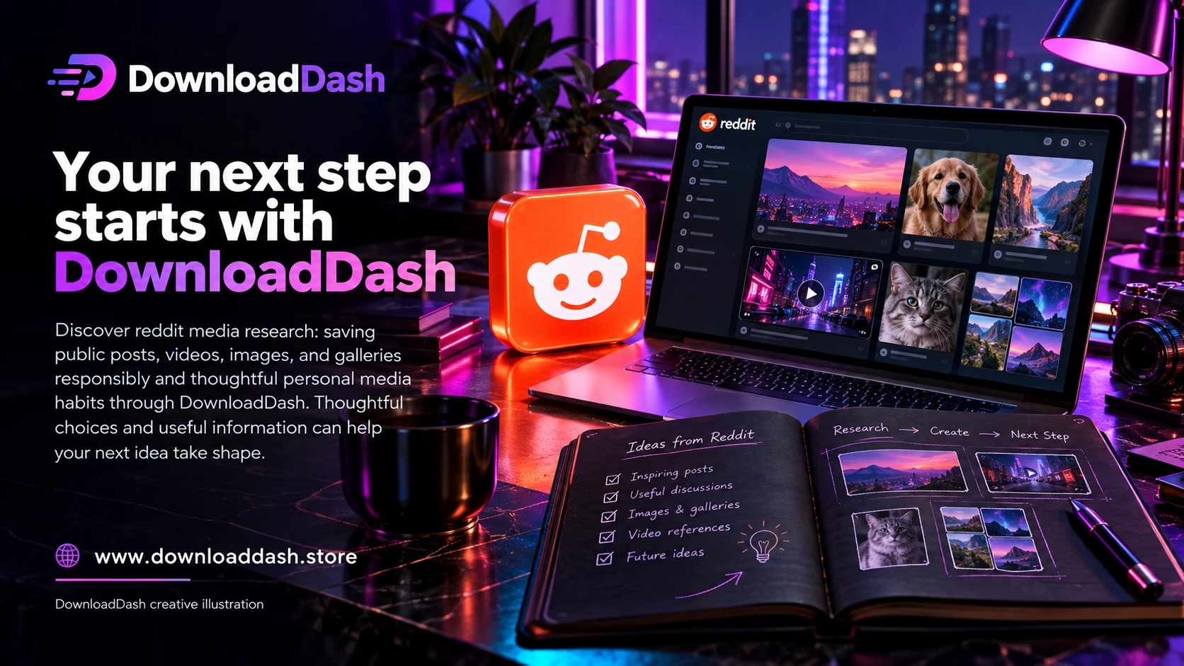 DownloadDash Blog Reddit Media Research Guide campaign illustration: Your next step starts with DownloadDash