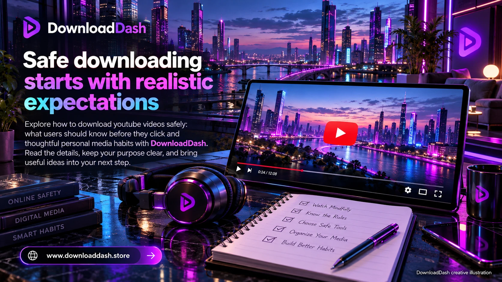 DownloadDash Blog Safe You Tube Downloads campaign illustration: Safe downloading starts with realistic expectations