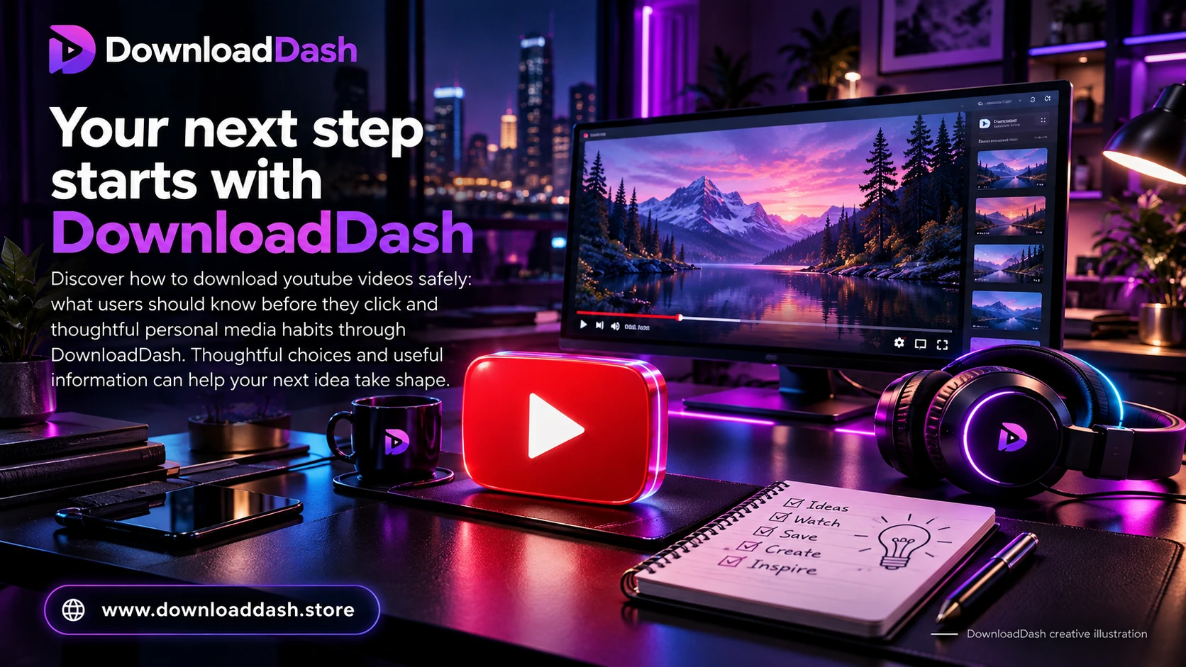 DownloadDash Blog Safe You Tube Downloads campaign illustration: Your next step starts with DownloadDash