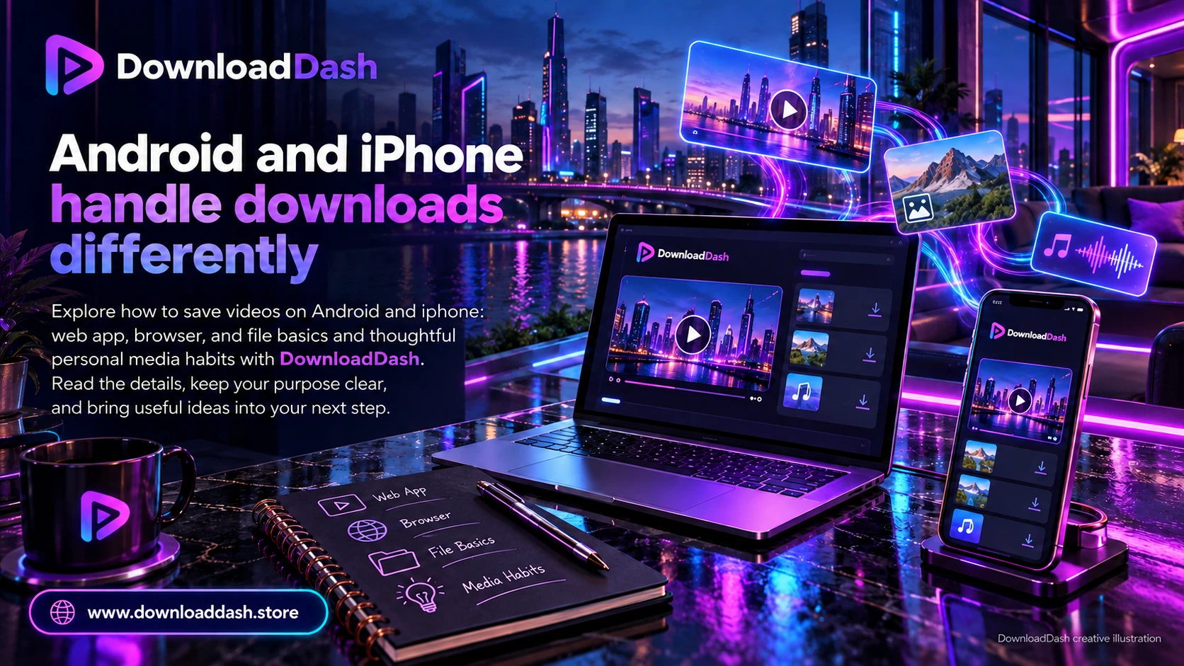 DownloadDash Blog Save Videos On Android Iphone campaign illustration: Android and iPhone handle downloads differently
