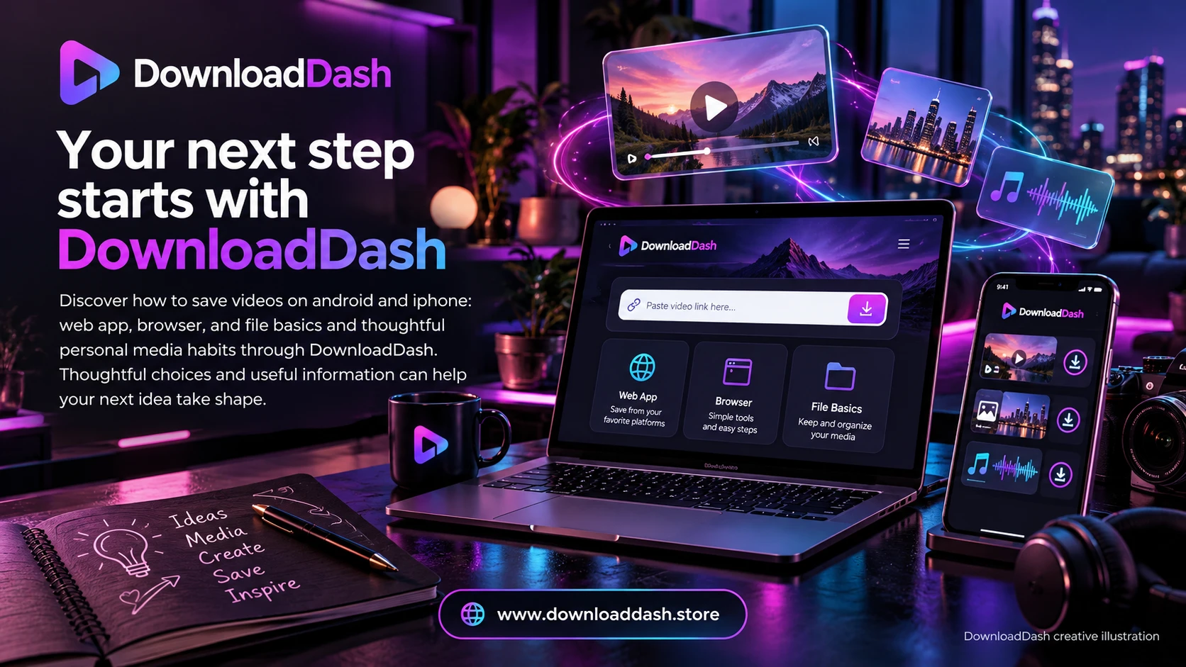 DownloadDash Blog Save Videos On Android Iphone campaign illustration: Your next step starts with DownloadDash