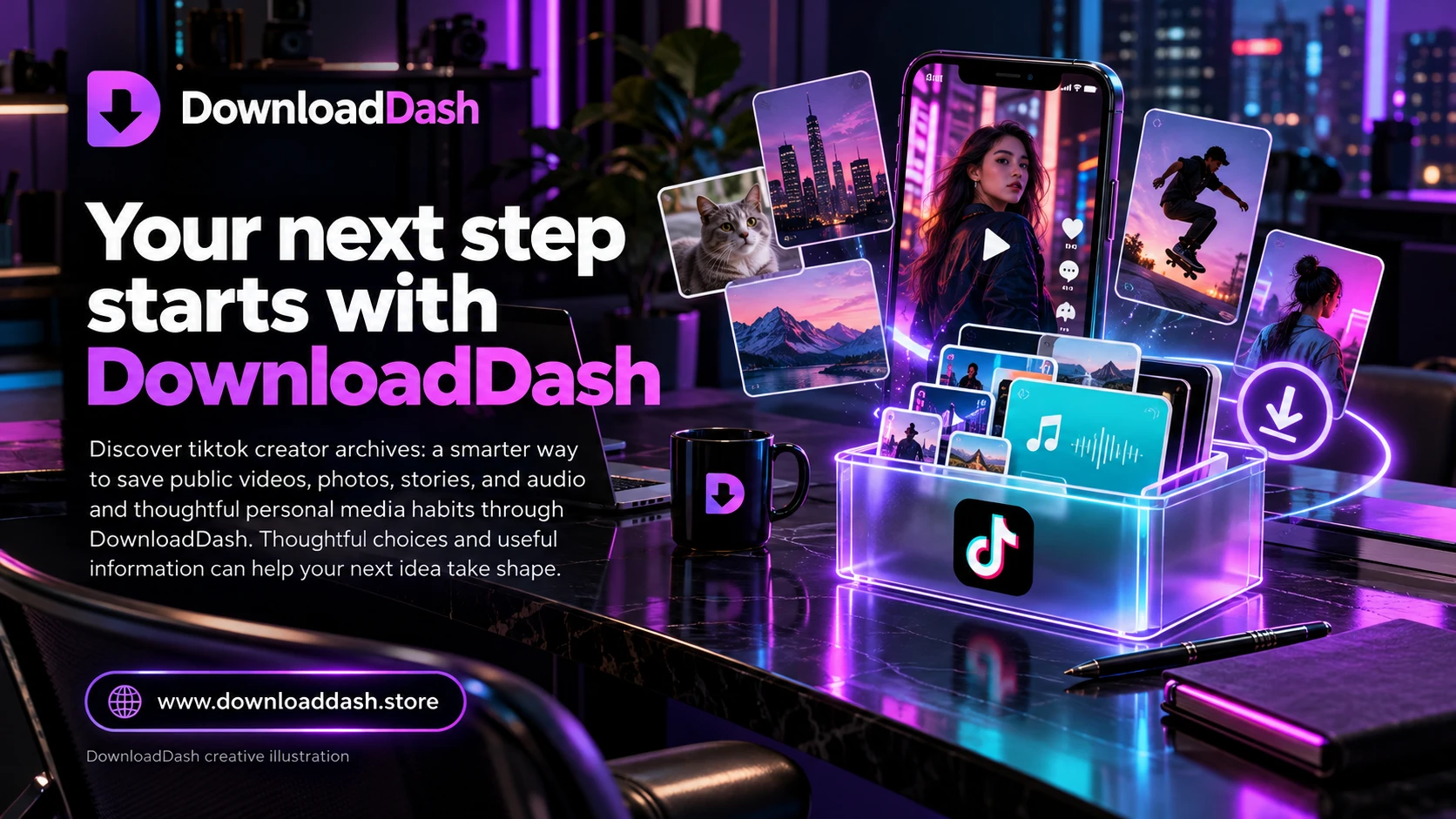 DownloadDash Blog Tik Tok Creator Archive Workflow campaign illustration: Your next step starts with DownloadDash