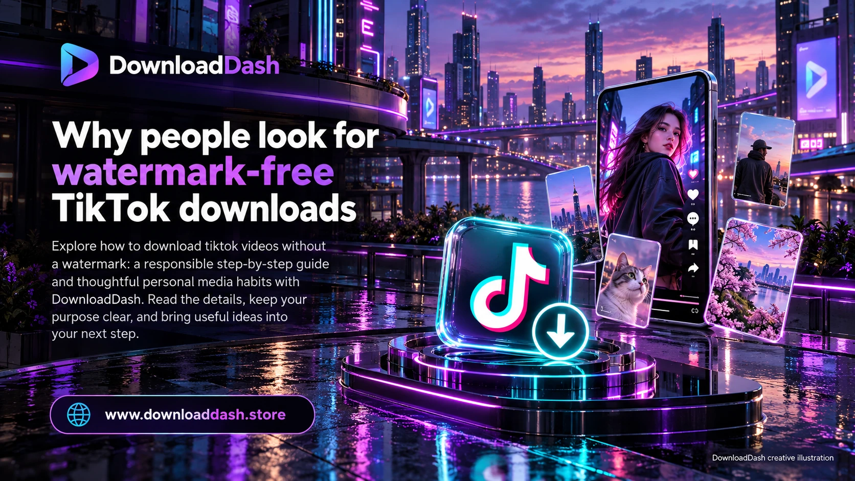 DownloadDash Blog Tik Tok No Watermark Guide campaign illustration: Why people look for watermark-free TikTok downloads