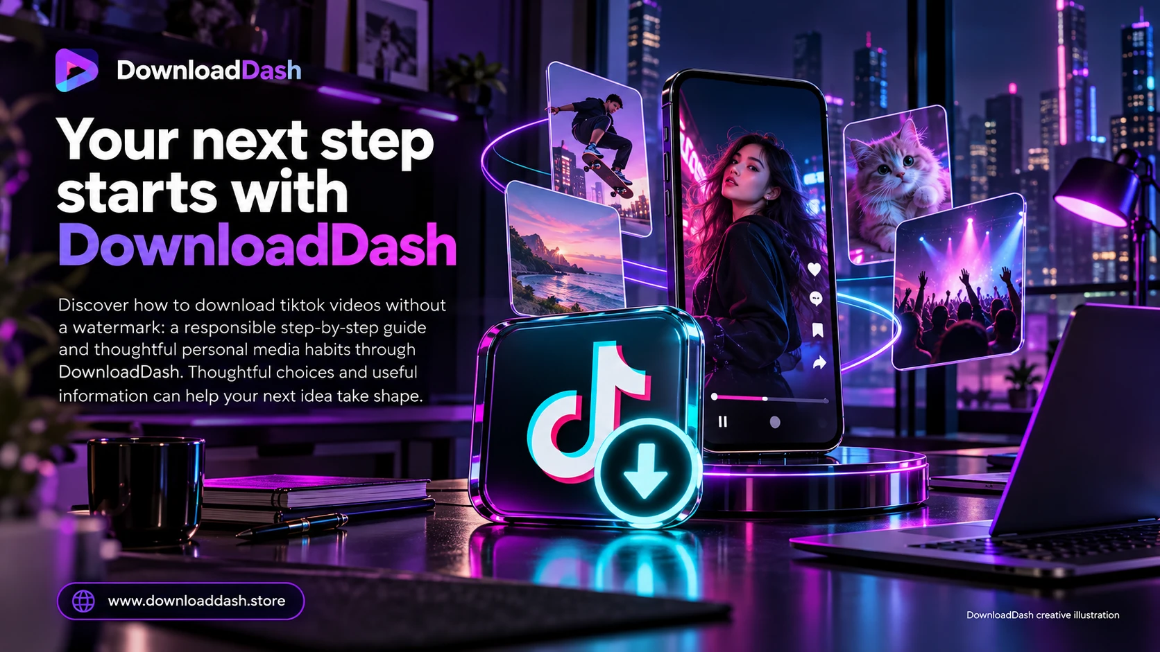 DownloadDash Blog Tik Tok No Watermark Guide campaign illustration: Your next step starts with DownloadDash
