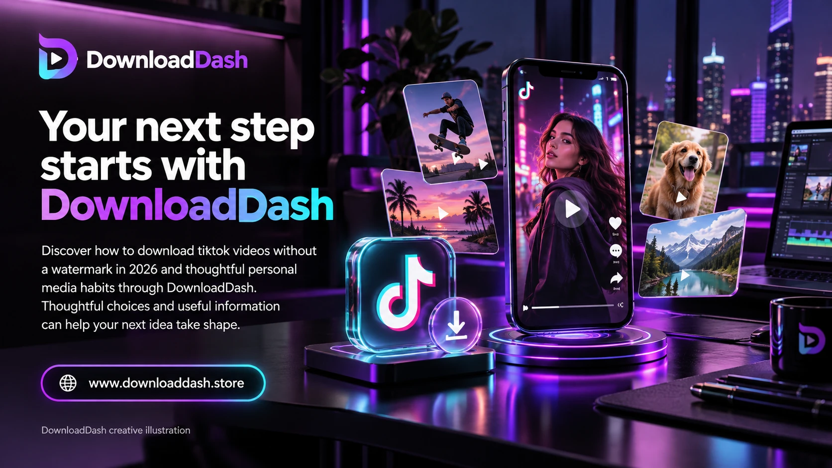 DownloadDash Blog Tik Tok No Watermark2026 campaign illustration: Your next step starts with DownloadDash