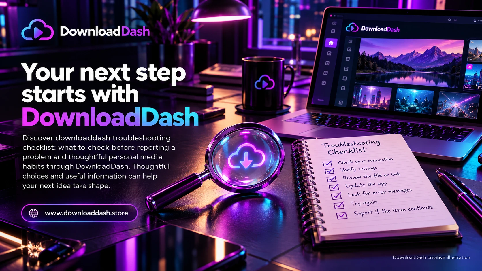 DownloadDash Blog Troubleshooting Download Dash campaign illustration: Your next step starts with DownloadDash