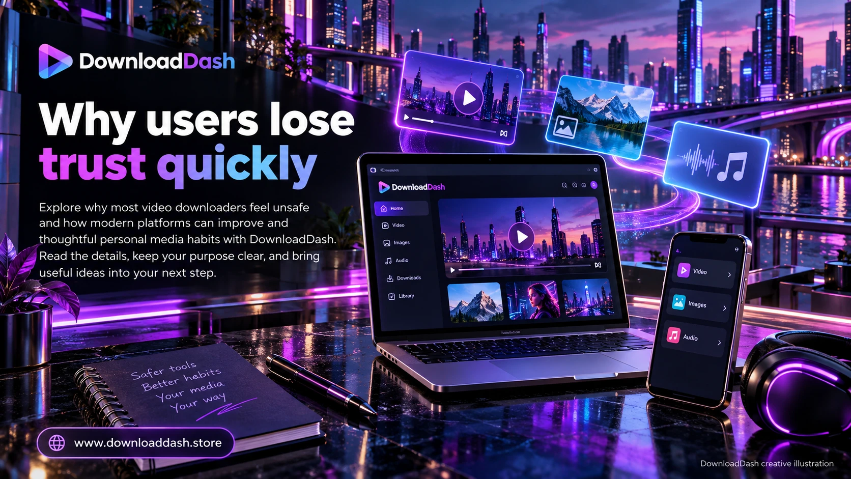 DownloadDash Blog Why Video Downloaders Feel Unsafe campaign illustration: Why users lose trust quickly