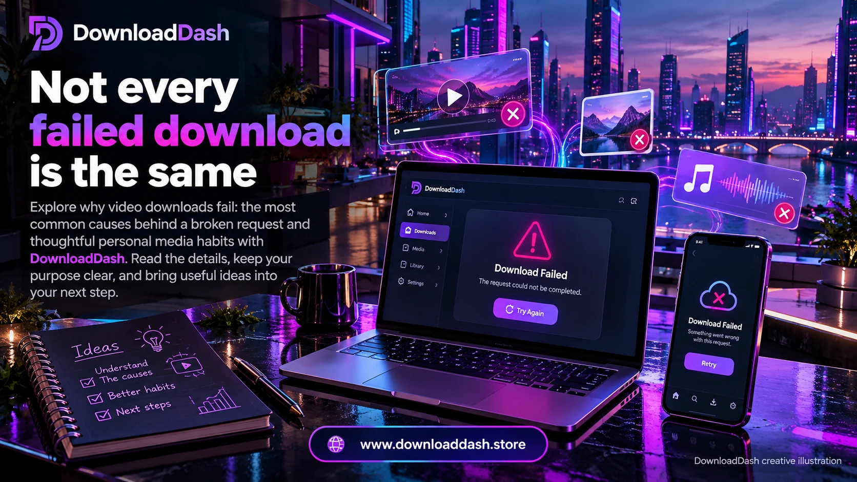 DownloadDash Blog Why Video Downloads Fail campaign illustration: Not every failed download is the same