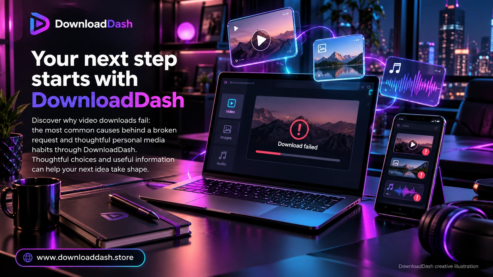 DownloadDash Blog Why Video Downloads Fail campaign illustration: Your next step starts with DownloadDash