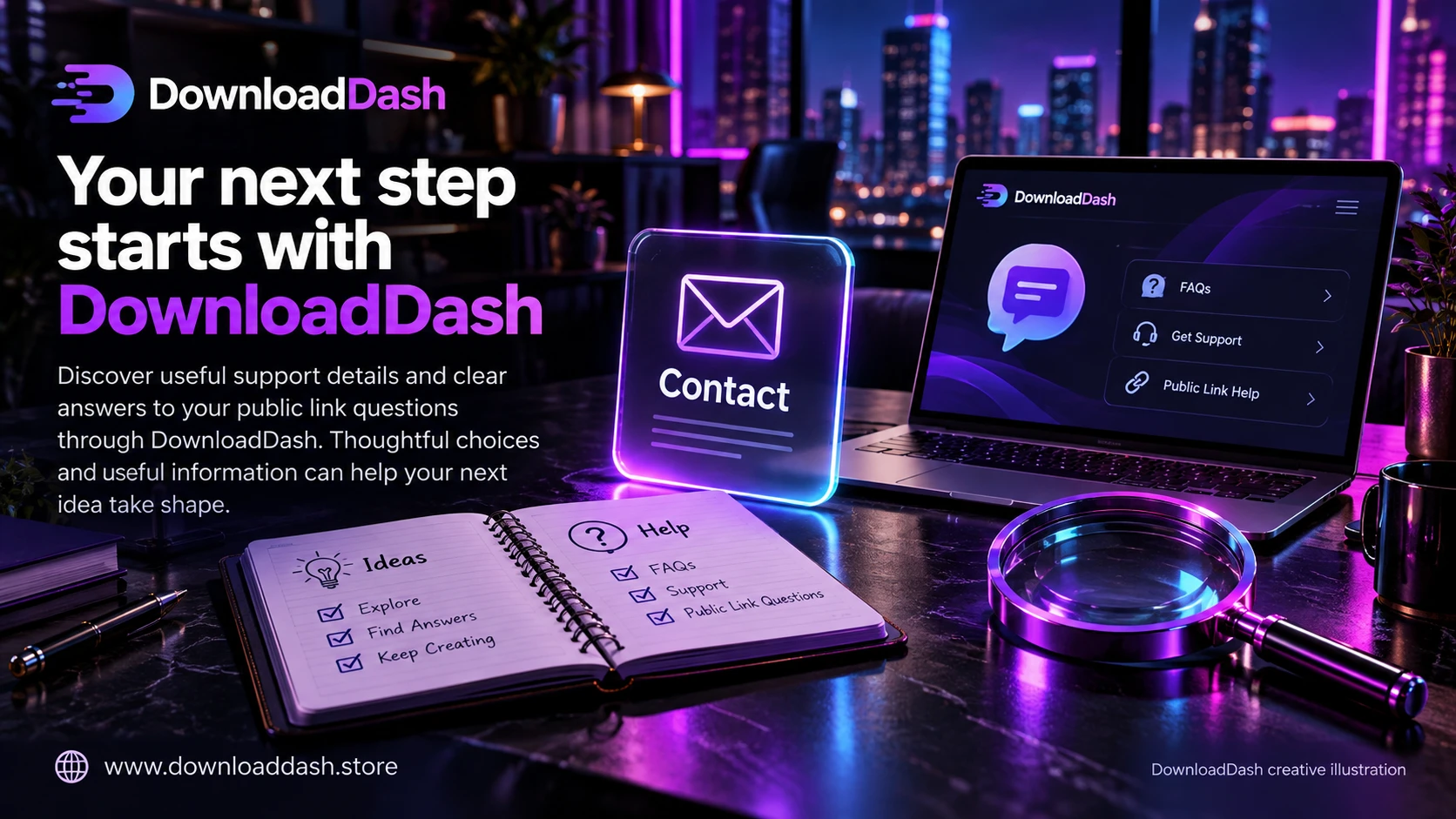 DownloadDash Contact campaign illustration: Your next step starts with DownloadDash