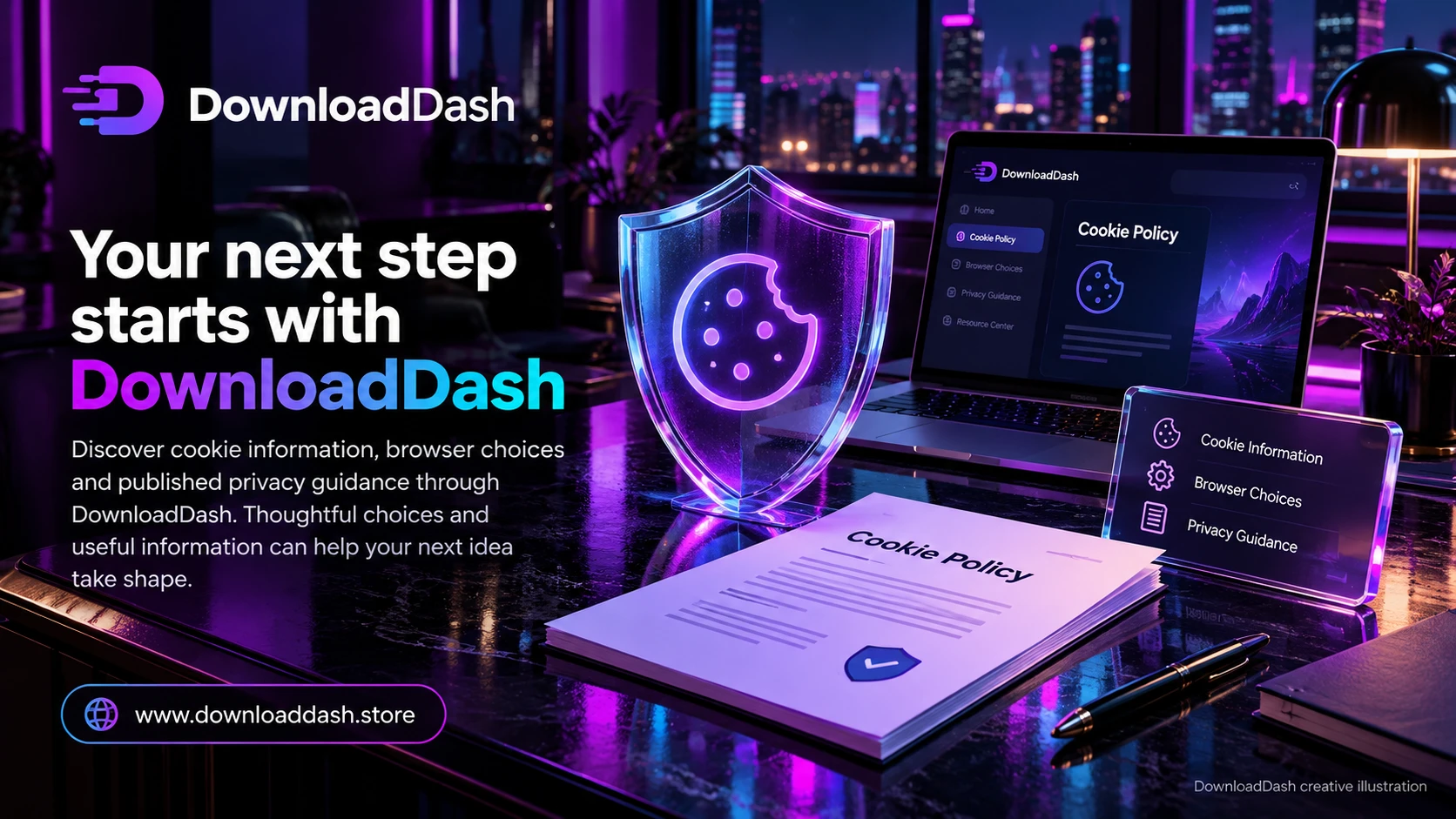DownloadDash Cookie Policy campaign illustration: Your next step starts with DownloadDash