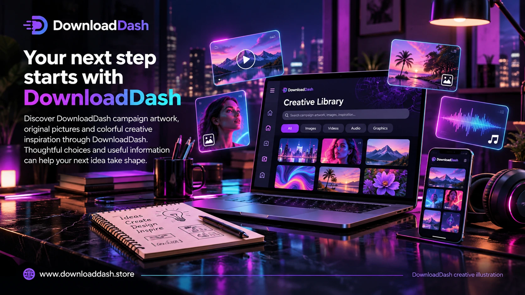 DownloadDash Creative Library campaign illustration: Your next step starts with DownloadDash