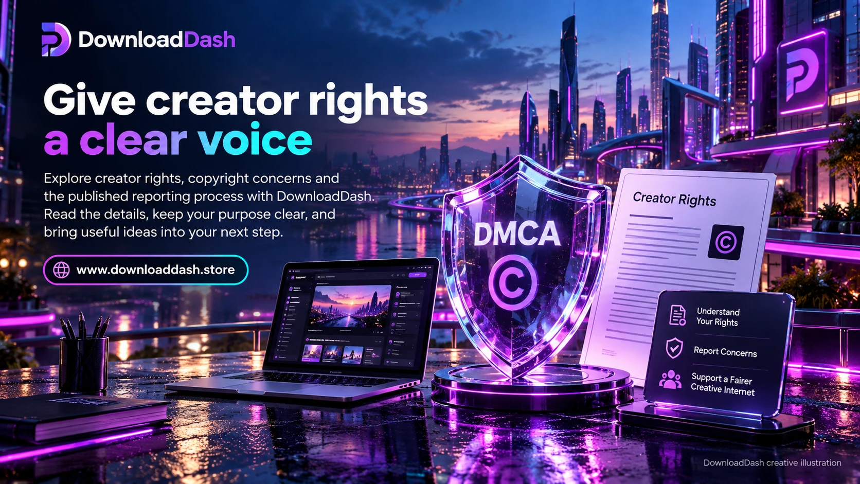 DownloadDash DMCA campaign illustration: Give creator rights a clear voice