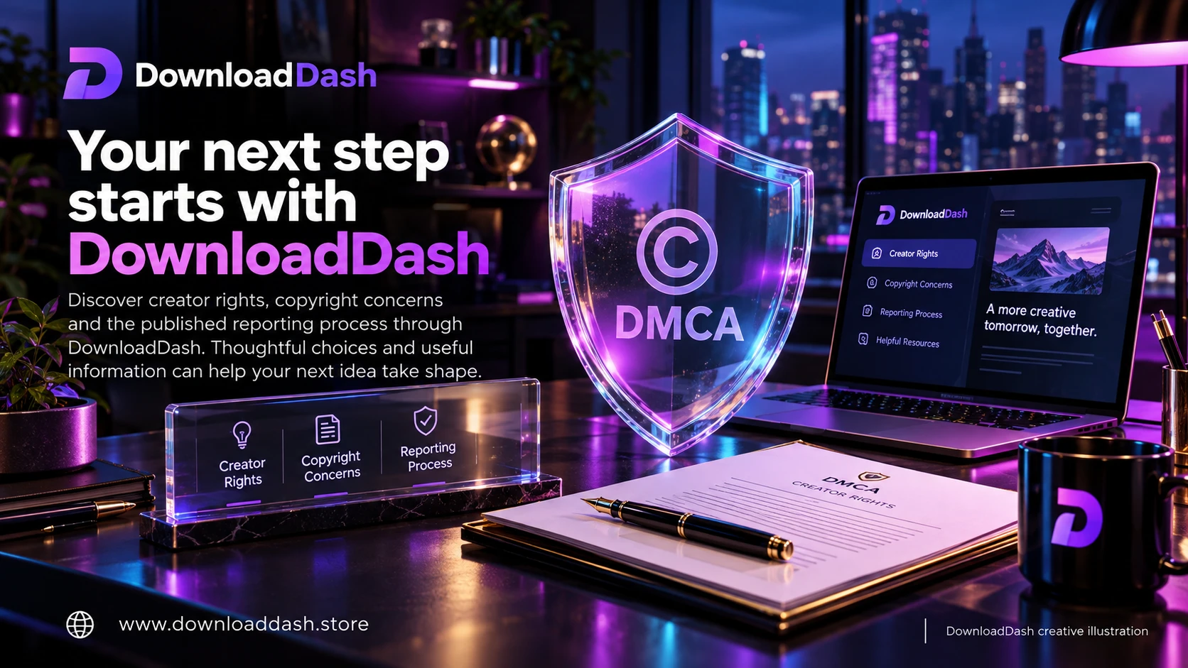 DownloadDash DMCA campaign illustration: Your next step starts with DownloadDash
