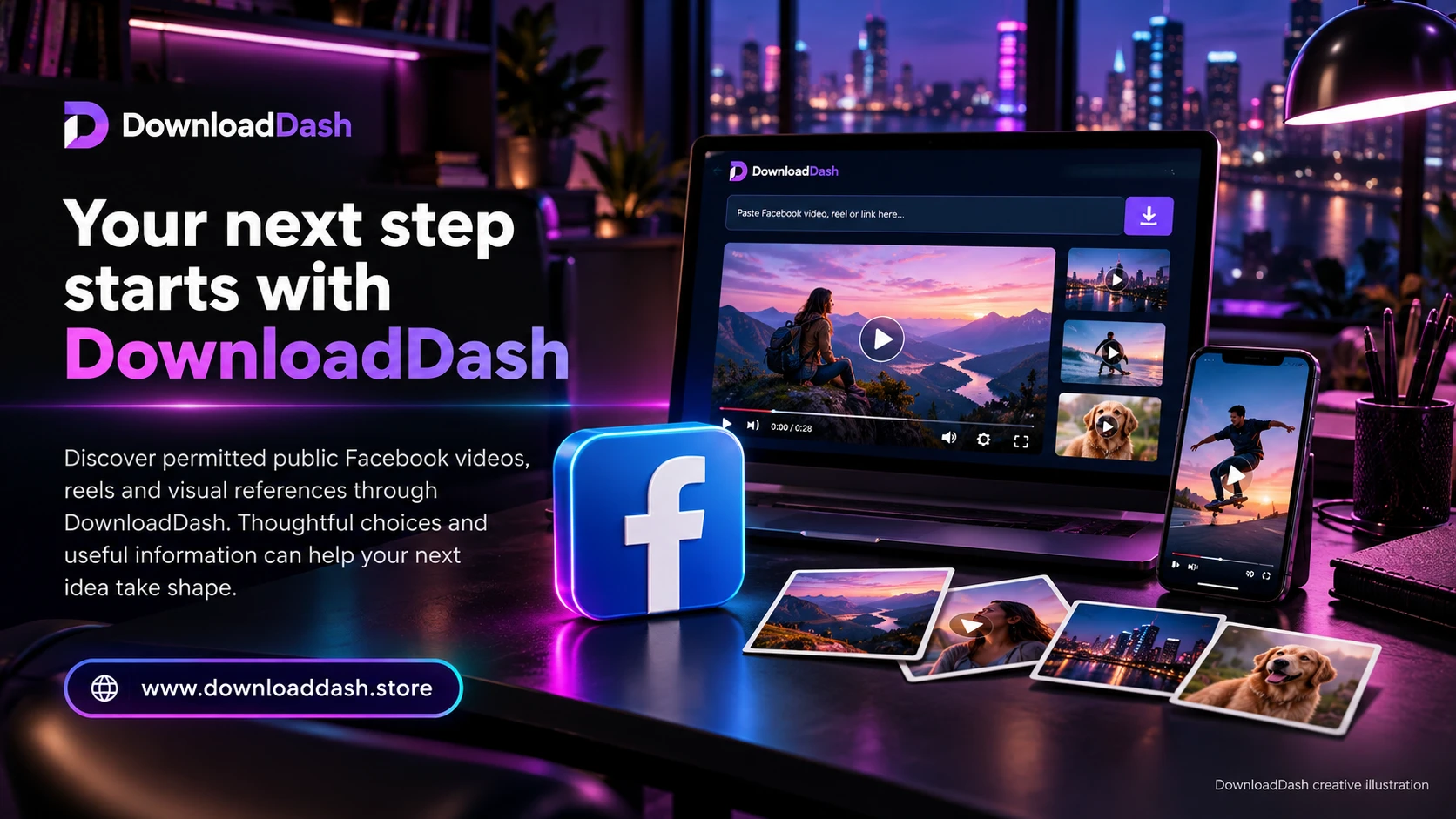 DownloadDash Facebook Downloader campaign illustration: Your next step starts with DownloadDash