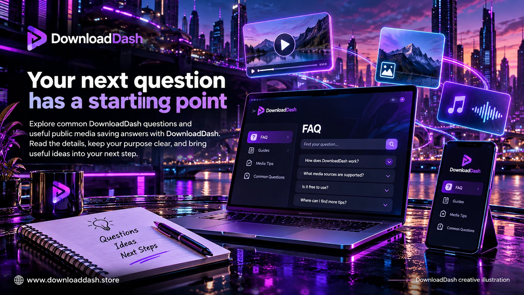 DownloadDash FAQ campaign illustration: Your next question has a starting point