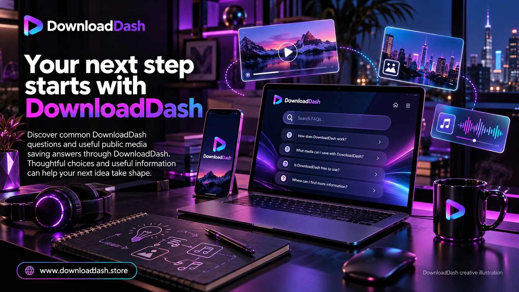DownloadDash FAQ campaign illustration: Your next step starts with DownloadDash
