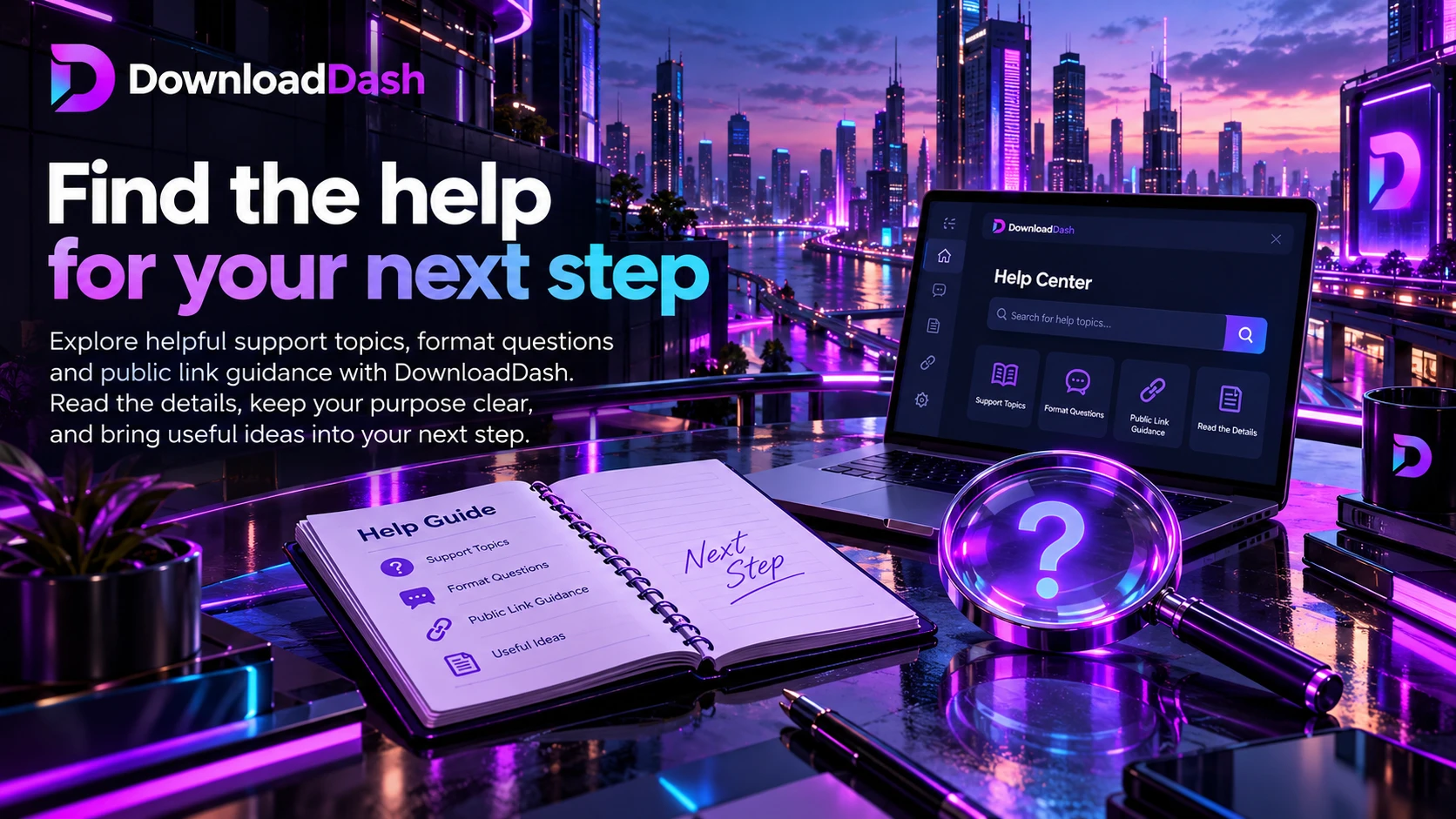 DownloadDash Help Center campaign illustration: Find the help for your next step