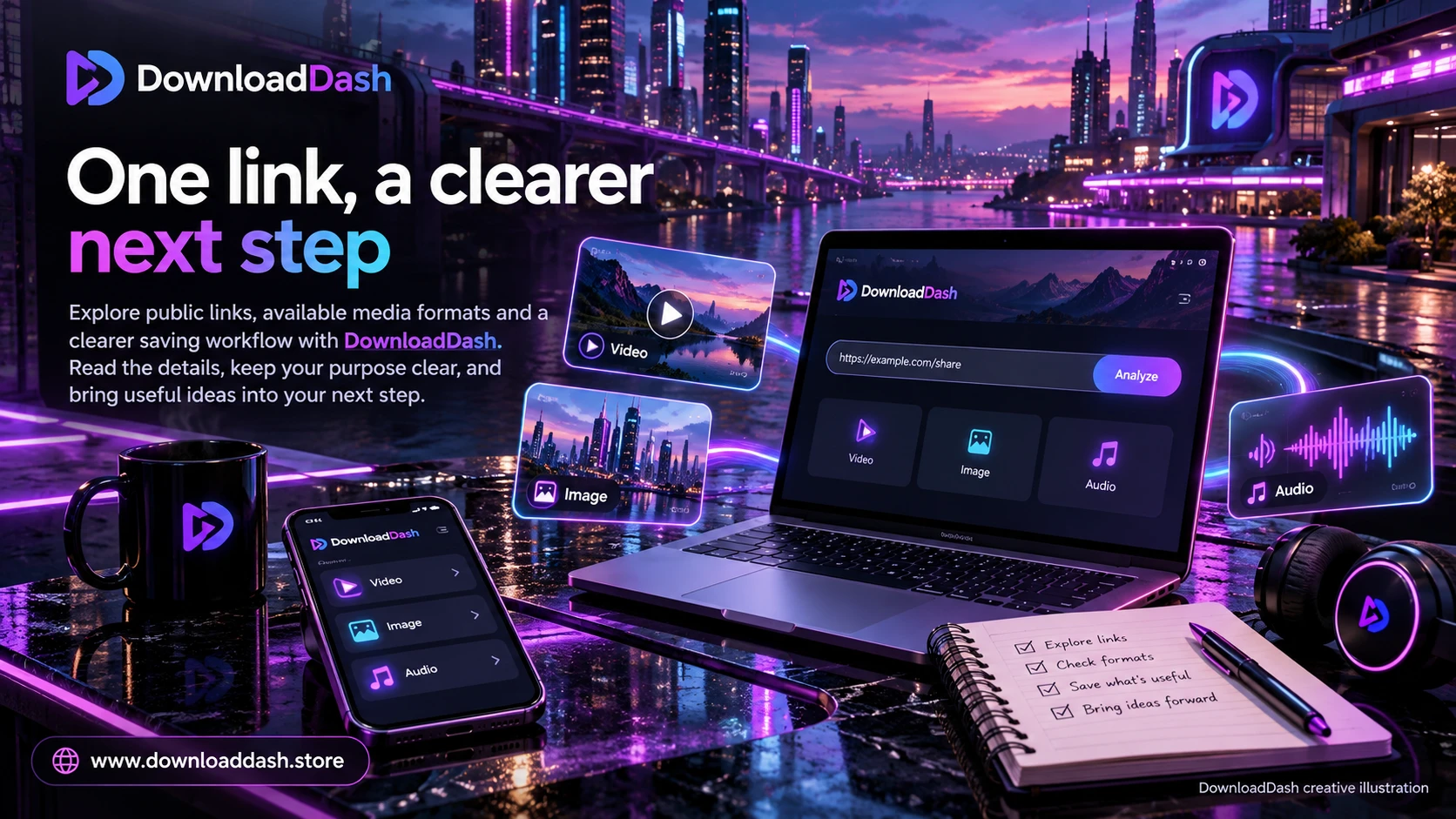 DownloadDash How Download Dash Works campaign illustration: One link, a clearer next step