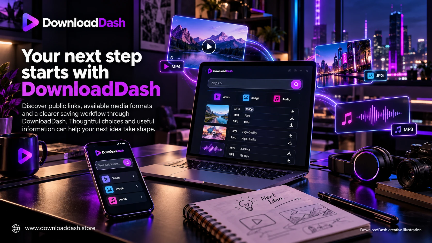 DownloadDash How Download Dash Works campaign illustration: Your next step starts with DownloadDash