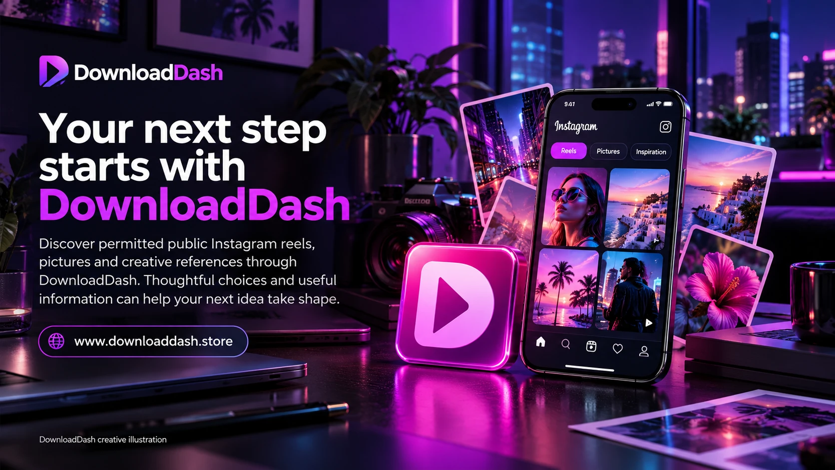 DownloadDash Instagram Downloader campaign illustration: Your next step starts with DownloadDash