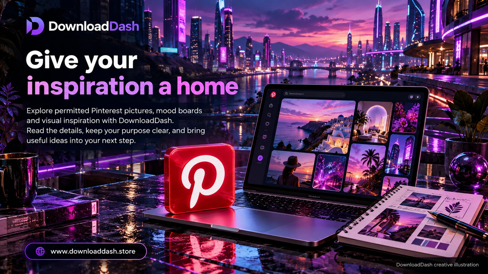 DownloadDash Pinterest Downloader campaign illustration: Give your inspiration a home
