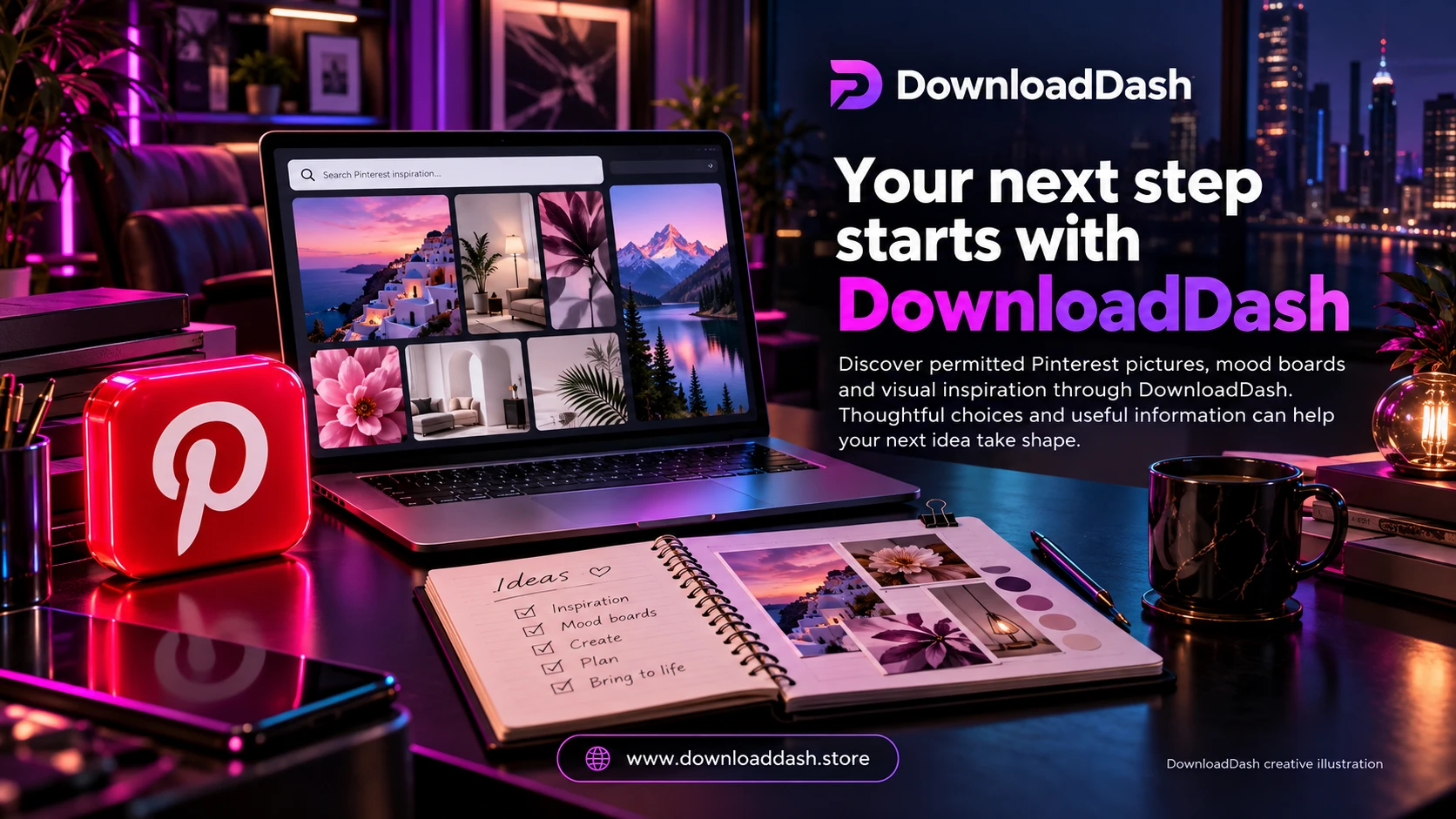 DownloadDash Pinterest Downloader campaign illustration: Your next step starts with DownloadDash