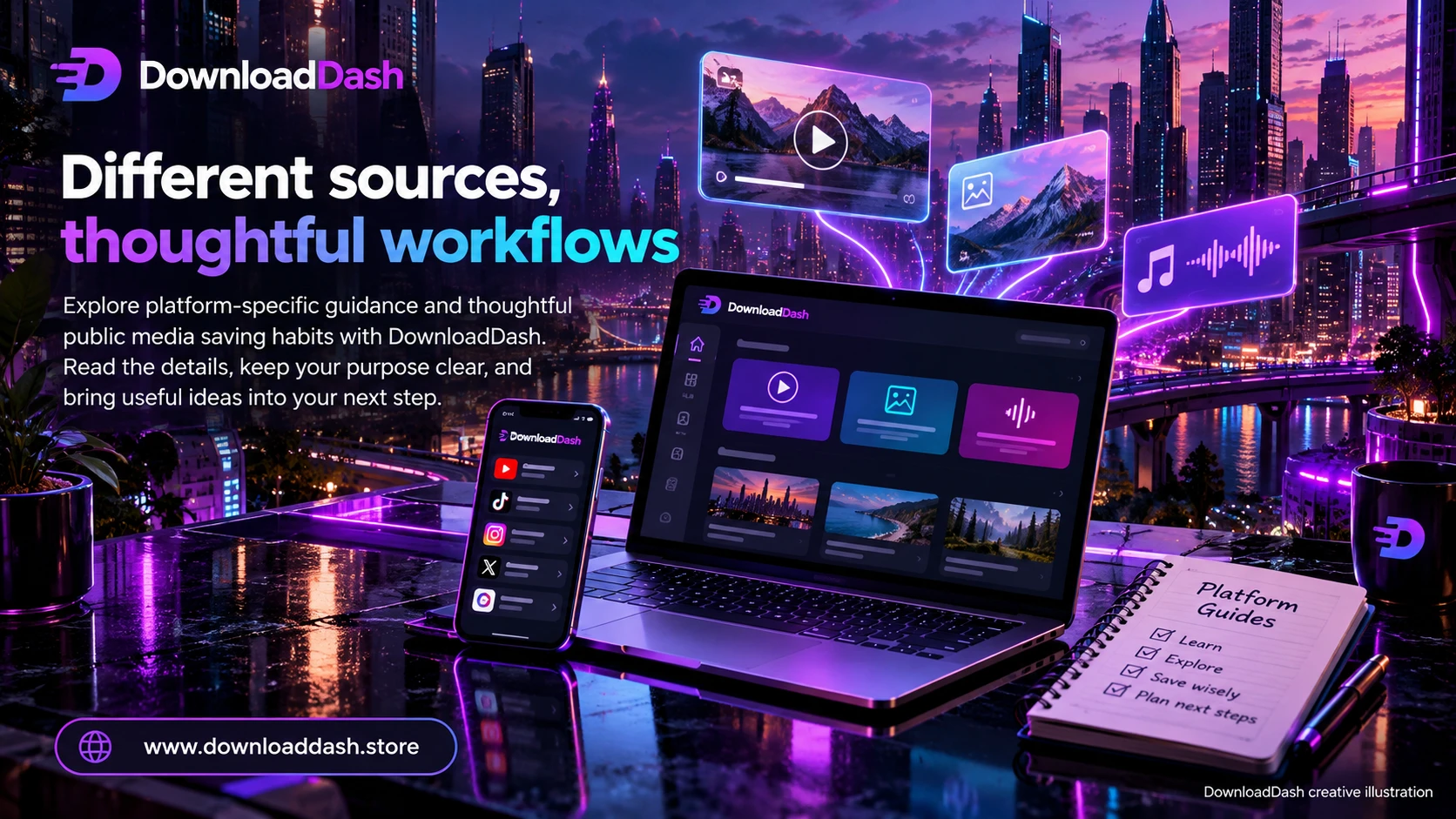 DownloadDash Platform Guides campaign illustration: Different sources, thoughtful workflows