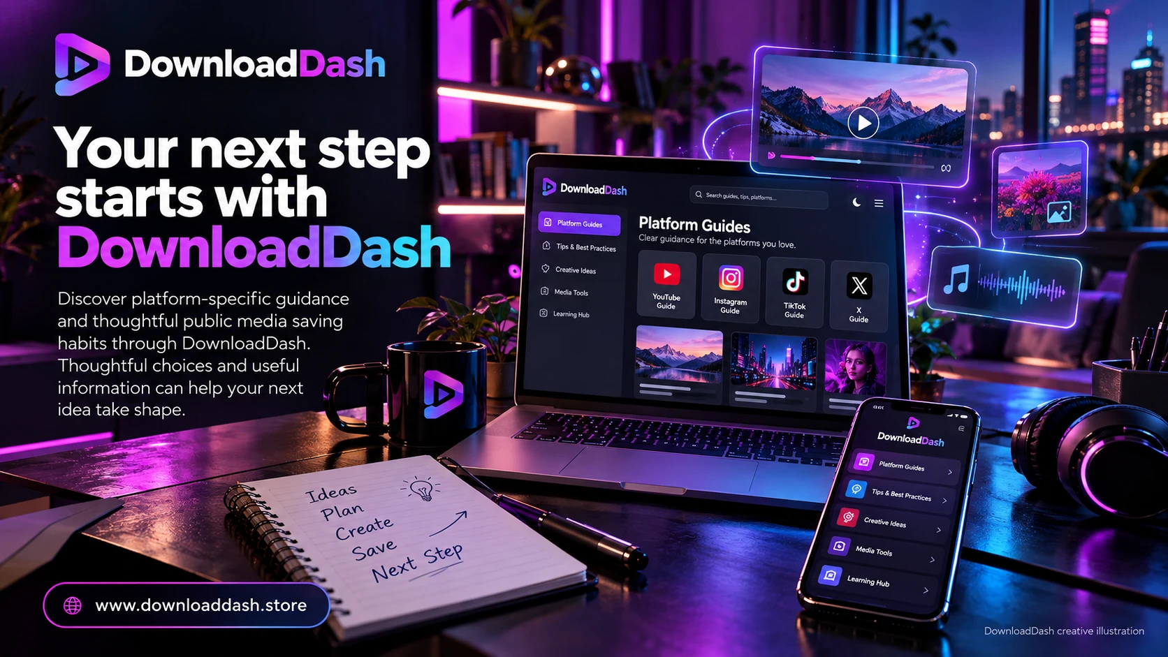 DownloadDash Platform Guides campaign illustration: Your next step starts with DownloadDash