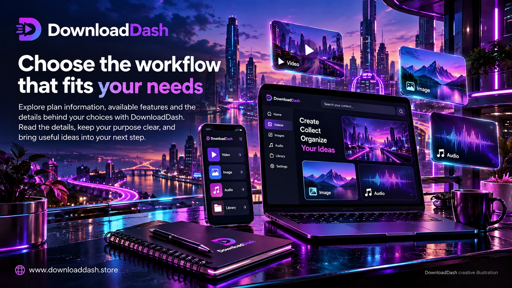 DownloadDash Pricing campaign illustration: Choose the workflow that fits your needs