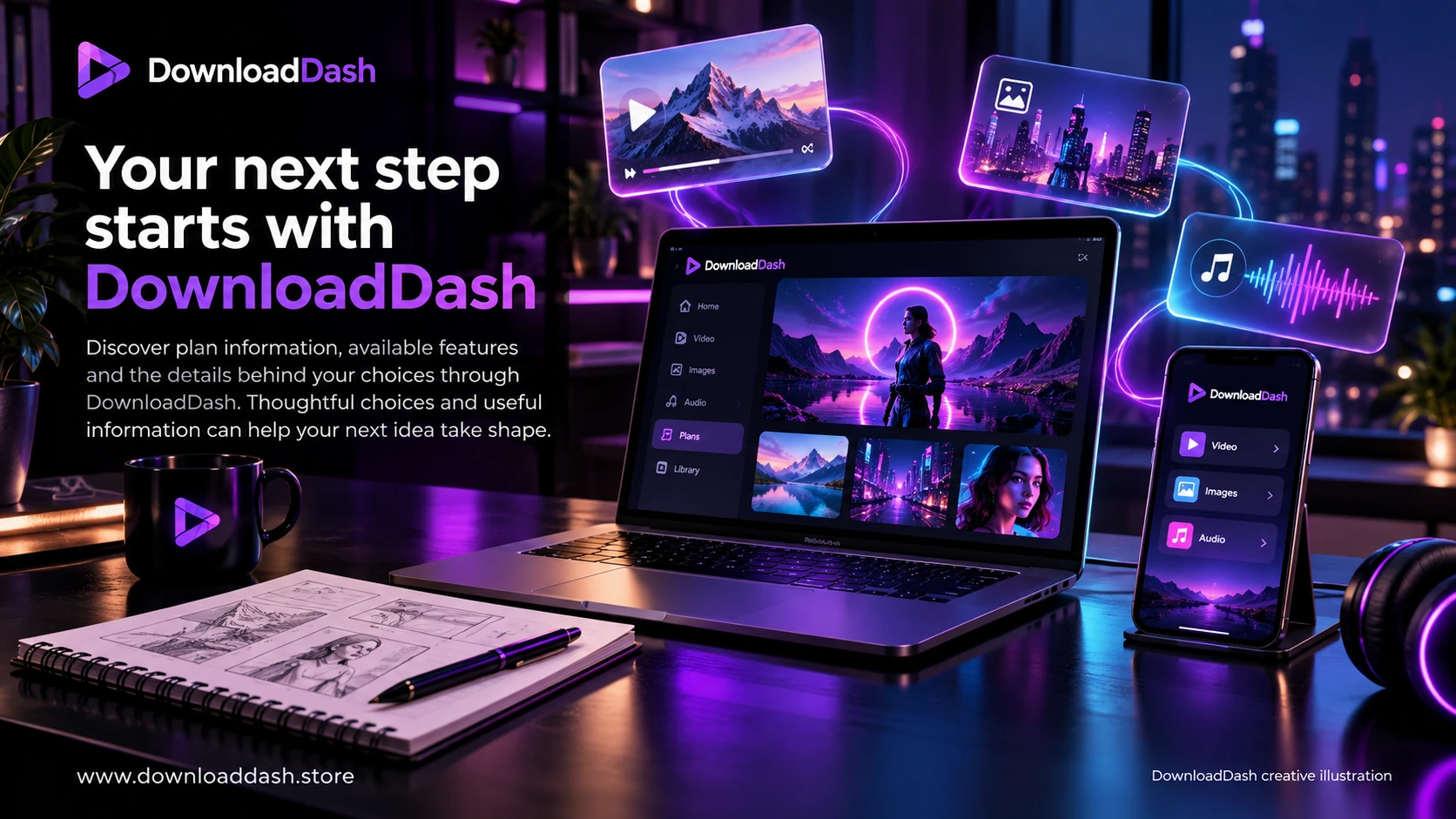 DownloadDash Pricing campaign illustration: Your next step starts with DownloadDash