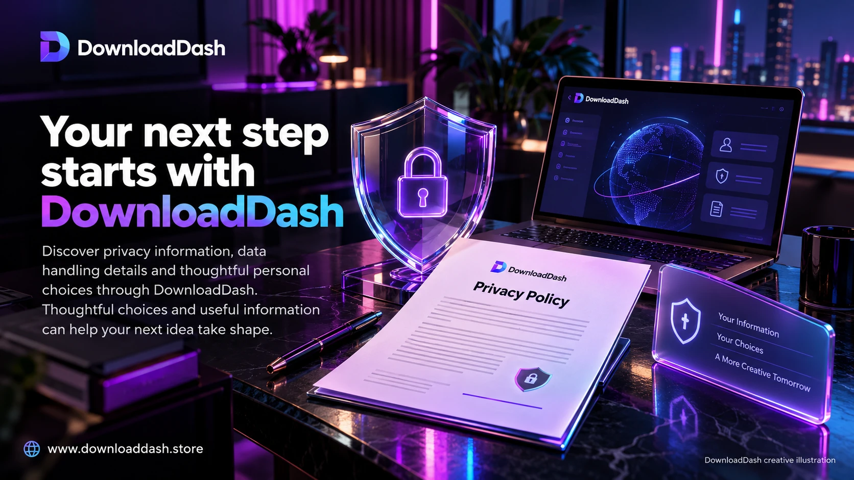 DownloadDash Privacy Policy campaign illustration: Your next step starts with DownloadDash